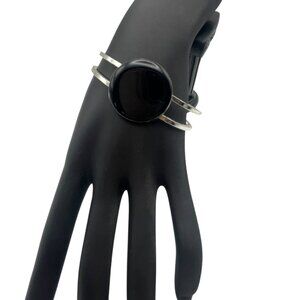 Apache Tears Stone Silver Bangle Cuff Bracelet